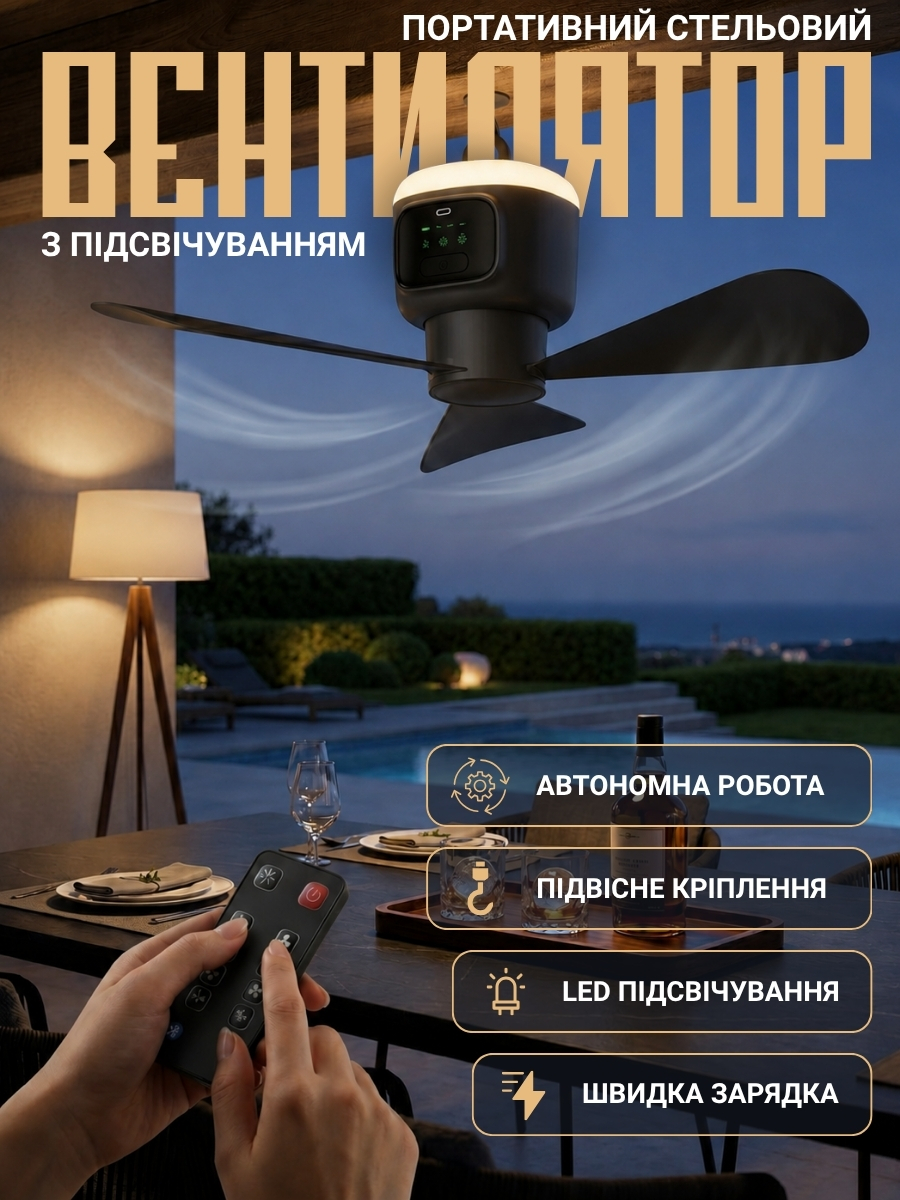 Портативний стельовий вентилятор з підсвічуванням 2-в-1